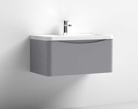 Nuie Lunar Satin Grey 800mm Wall Hung 1 Drawer Vanity Unit & Polymarble Basin